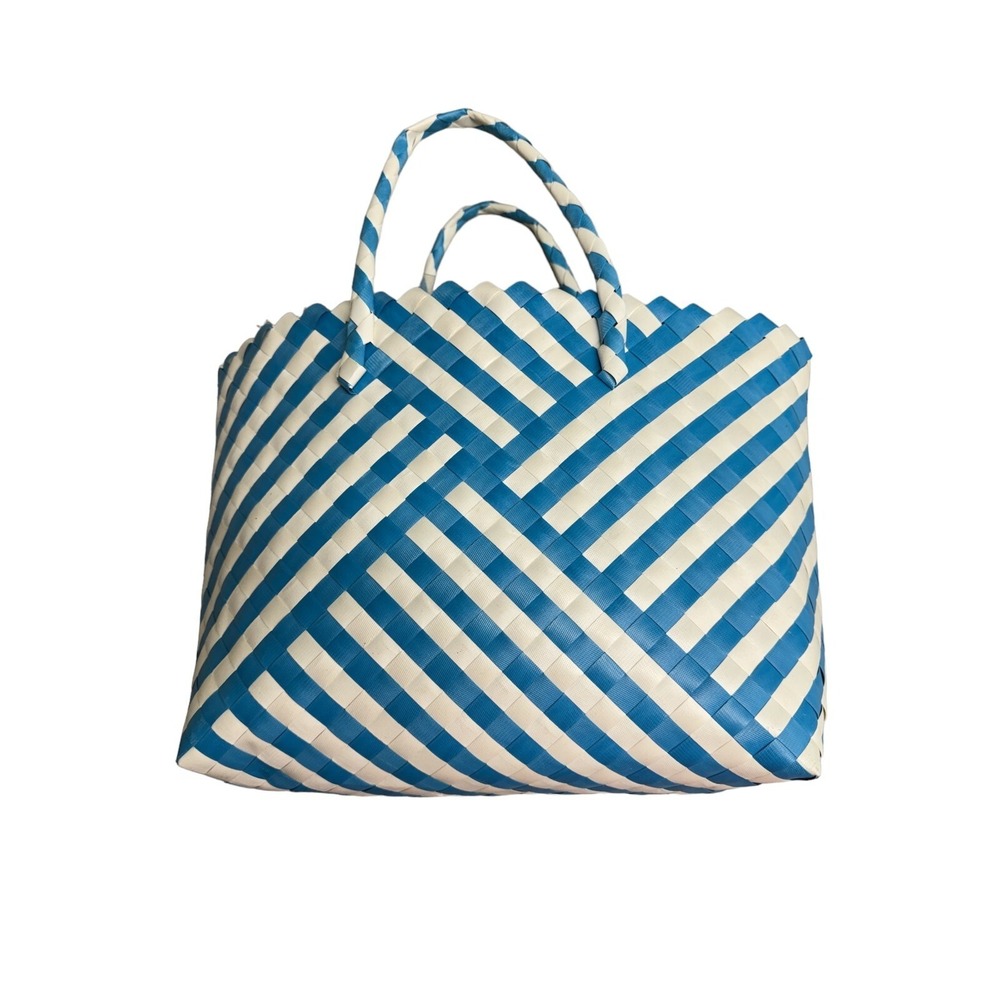 Blue & White Stripe Basket Weave Tote Bag Beach Library Grocery Shopping‎ Picnic